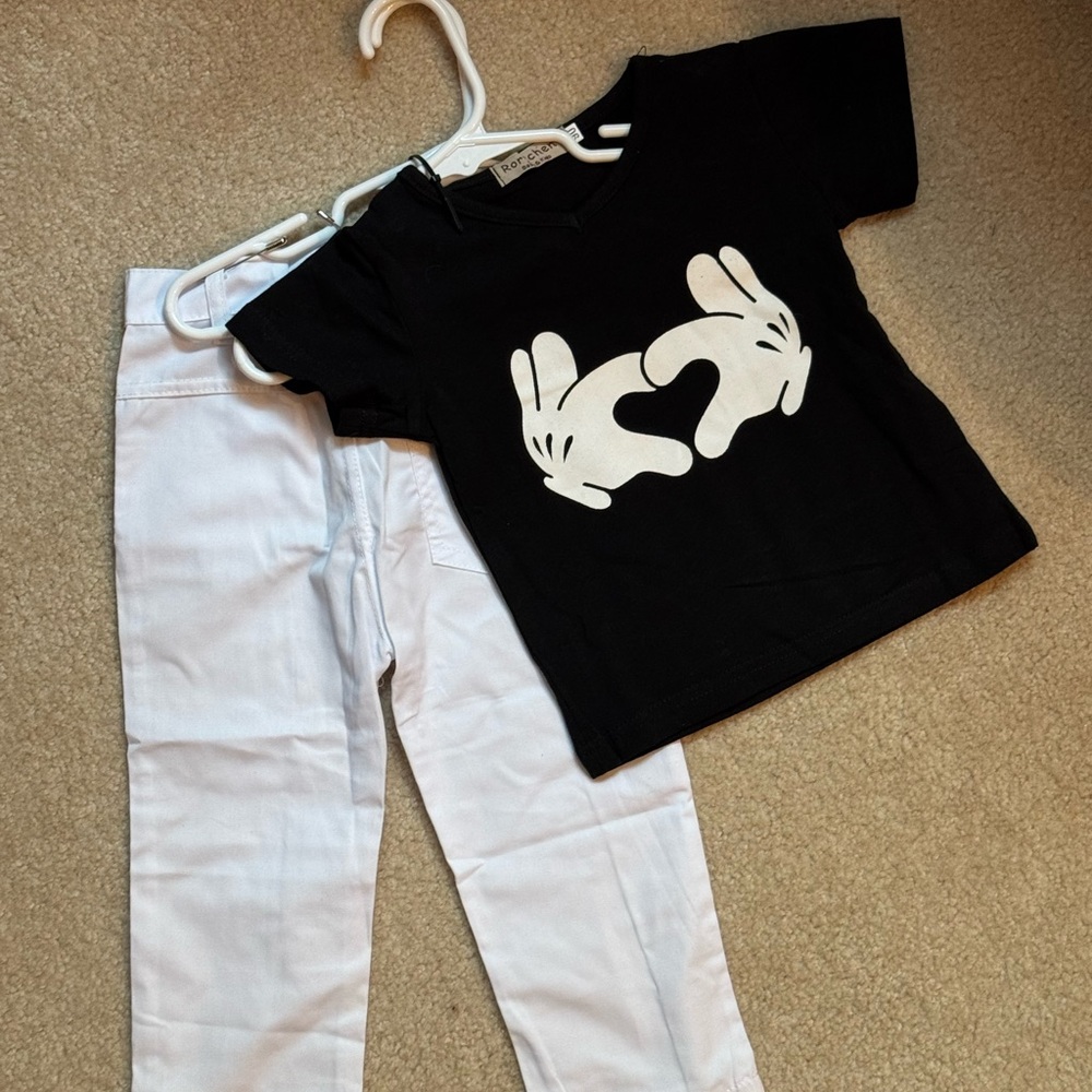 NEW Black Mickey Mouse Graphic Tee and White Pants Set